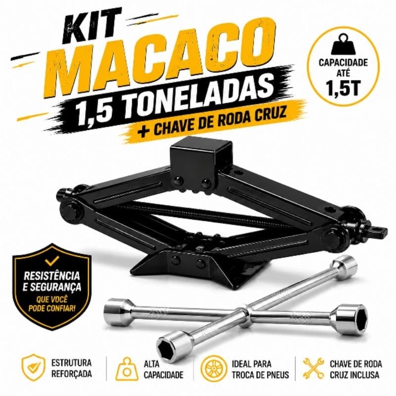 Kit, Conjunto Macaco Mecânico Tipo Sanfona 1,5 Toneladas + Chave de Roda Cruz, IDEA, Ferramenta e Manutenção Automotiva,