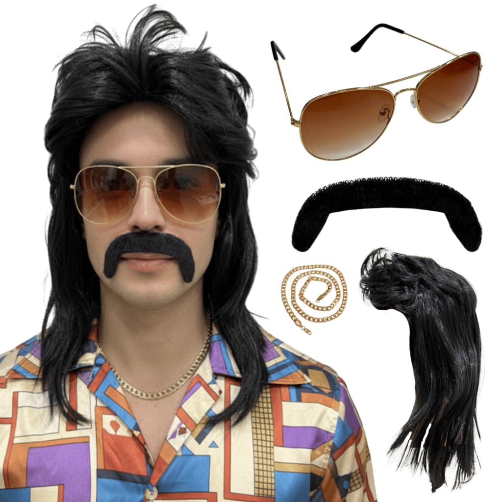 Peruca Retrô Anos 80 Rock Preto Com Bigode Óculos Cordão