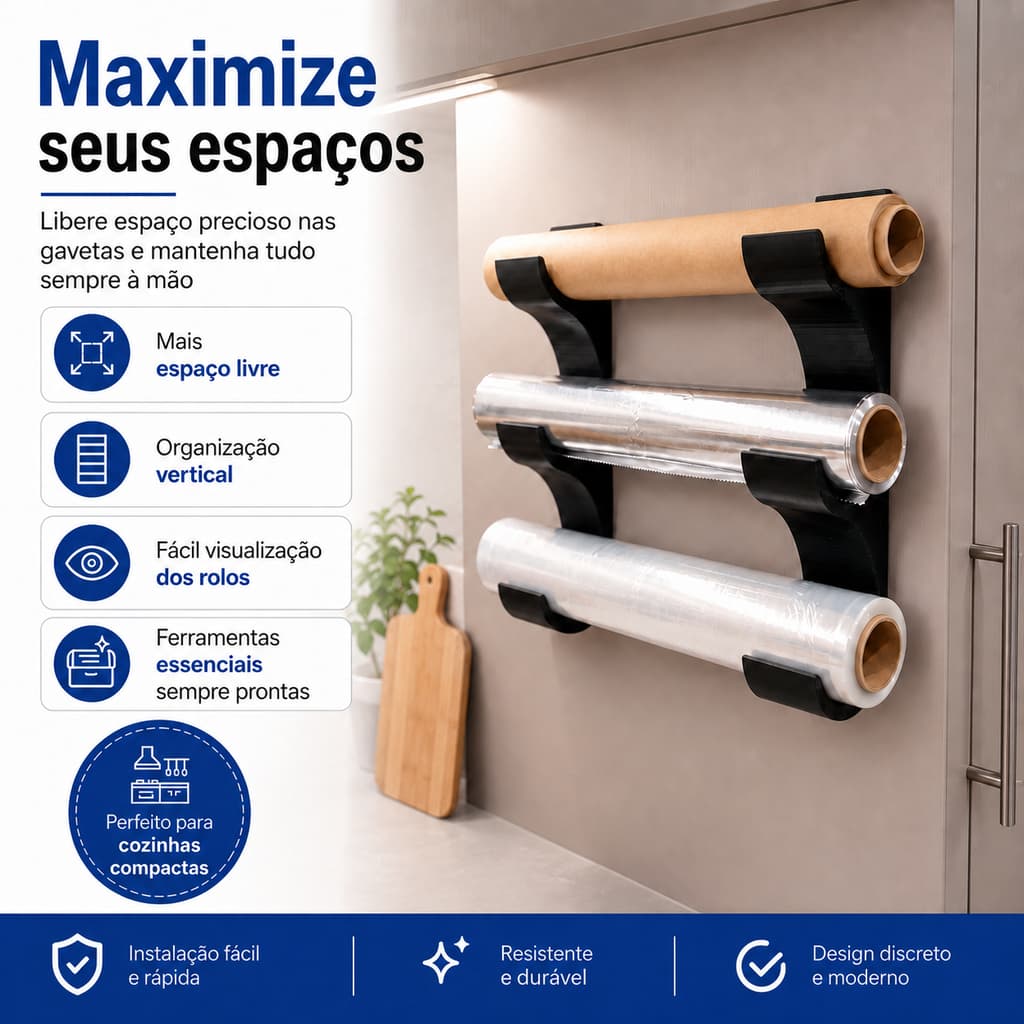 Suporte Organizador De Rolos Para Cozinha Parede Papel Toalha Alumínio Filme PVC 3 Rolos