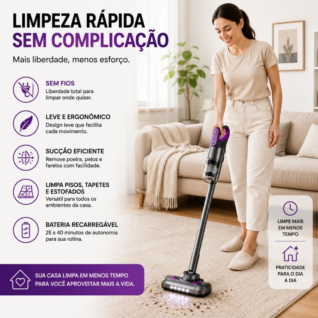 Lúmina Clean™ | Aspirador Sem Fio 2 em 1 Vertical e de Mão Sem Fio Bivolt  - Recarregável TZ-141