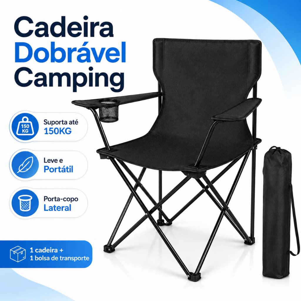 【Roamex】Cadeira Dobrável Camping 150kg com Bolsa Porta Copo Praia Pesca Jardim Portátil
