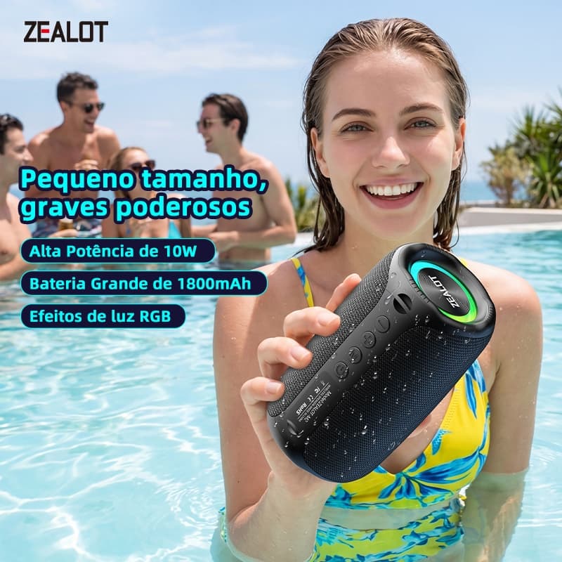 ZEALOT M2 Caixa de Som Portátil Bluetooth 10W IPX4 à prova d’água recarga PD45W QC18W Tipo-C cartão TF Shopee BR