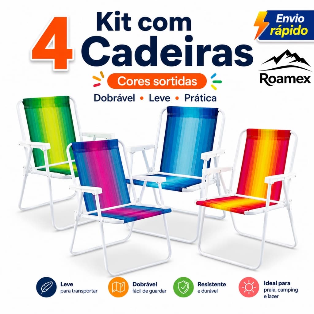 【Roamex】Kit 4 Cadeiras de Praia Dobráveis Coloridas Cores Sortidas Leve Portátil para Camping Jardim Varanda Lazer