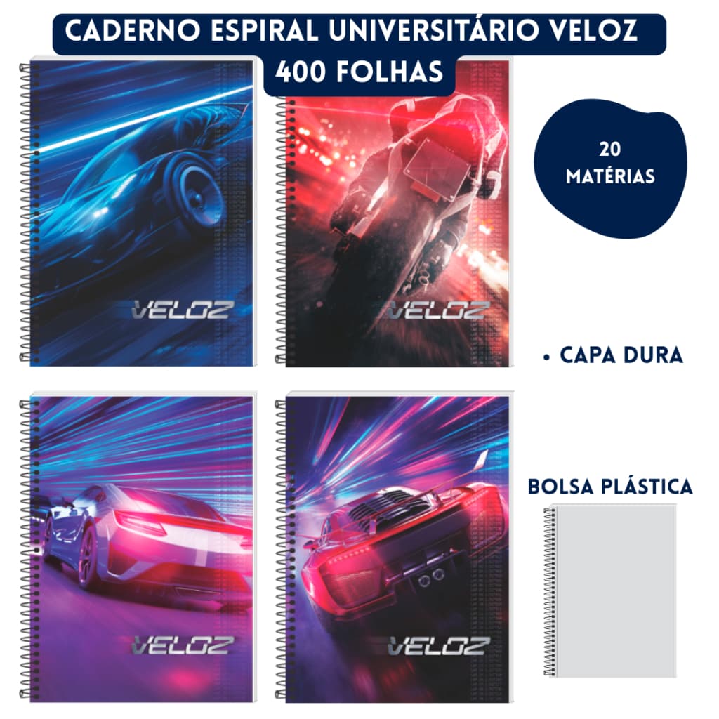 Caderno Espiral Universitário 400 Folhas Capa Dura com Bolsa Plástica - Veloz - 3B Cadernos