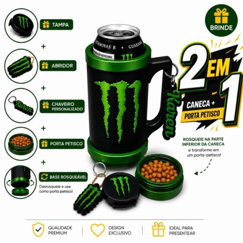 Porta Lata Monster 473 ml + abridor + tampa + Brinde