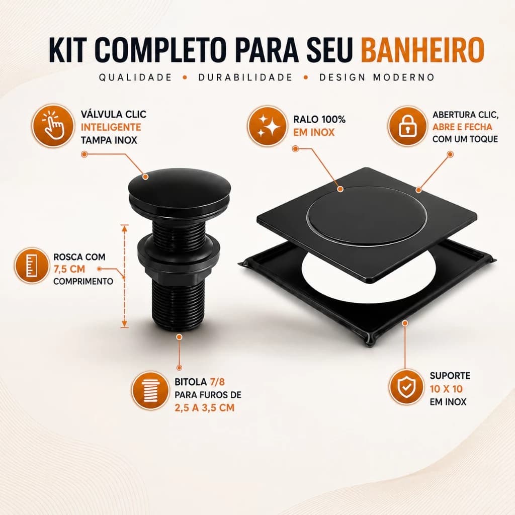 Ralo Clic Preto 100% Inox, Valvula Clic Inox e Abs, Conjunto Ralo + Valvula Banheiro