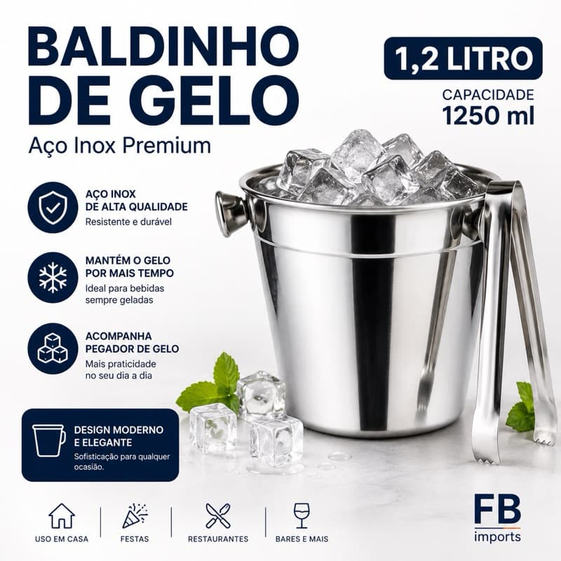 Kit Baldinho de Gelo Inox + Pegador | 1,25 Litros para Bebidas e Whisky