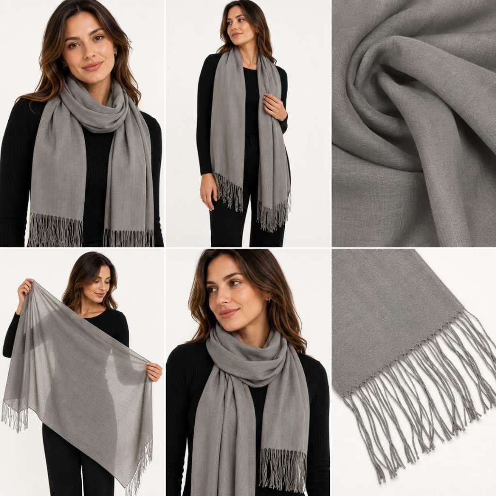 Cachecol Pashmina Cinza Unissex 100% Poliéster Elegante e Confortável Lisa e Macia Moda