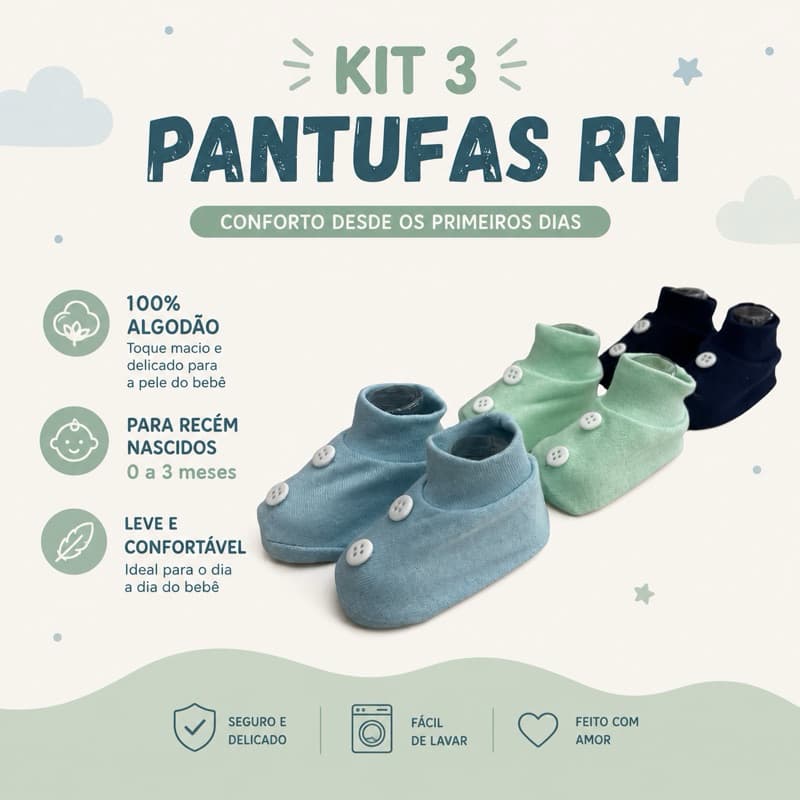 kit 3 pantufas sapatinho infantil suedine 100% algodão  RN masculino feminino neutro