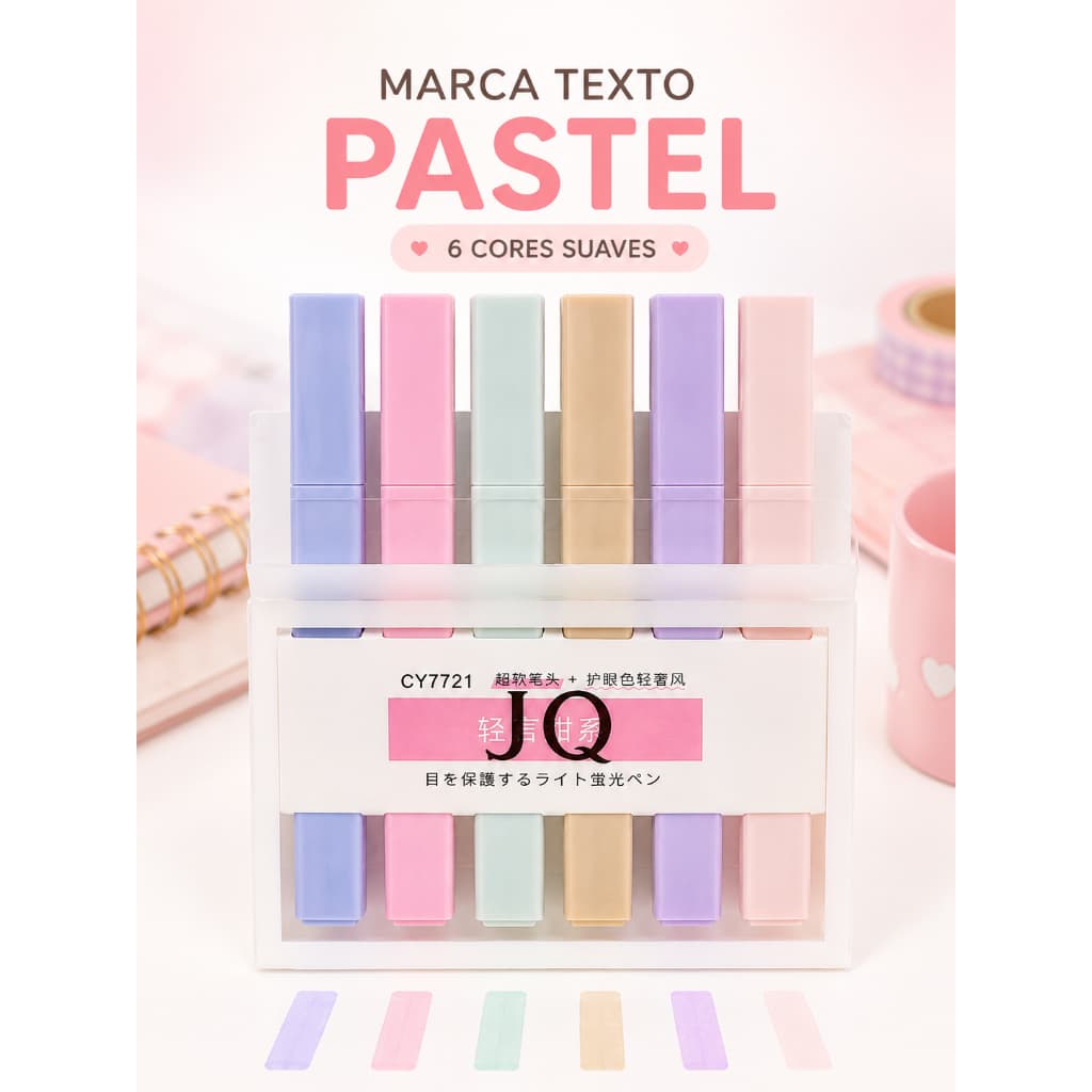 Marca Texto Pastel JQ 6 Cores Caneta Marca Texto Escolar Planner Papelaria Kawaii Bíblia