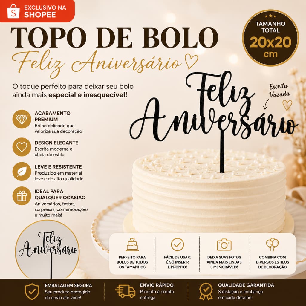 Topo de Bolo Feliz Aniversário 20x20 cm efeito Glitter Preto Decoração para Festa