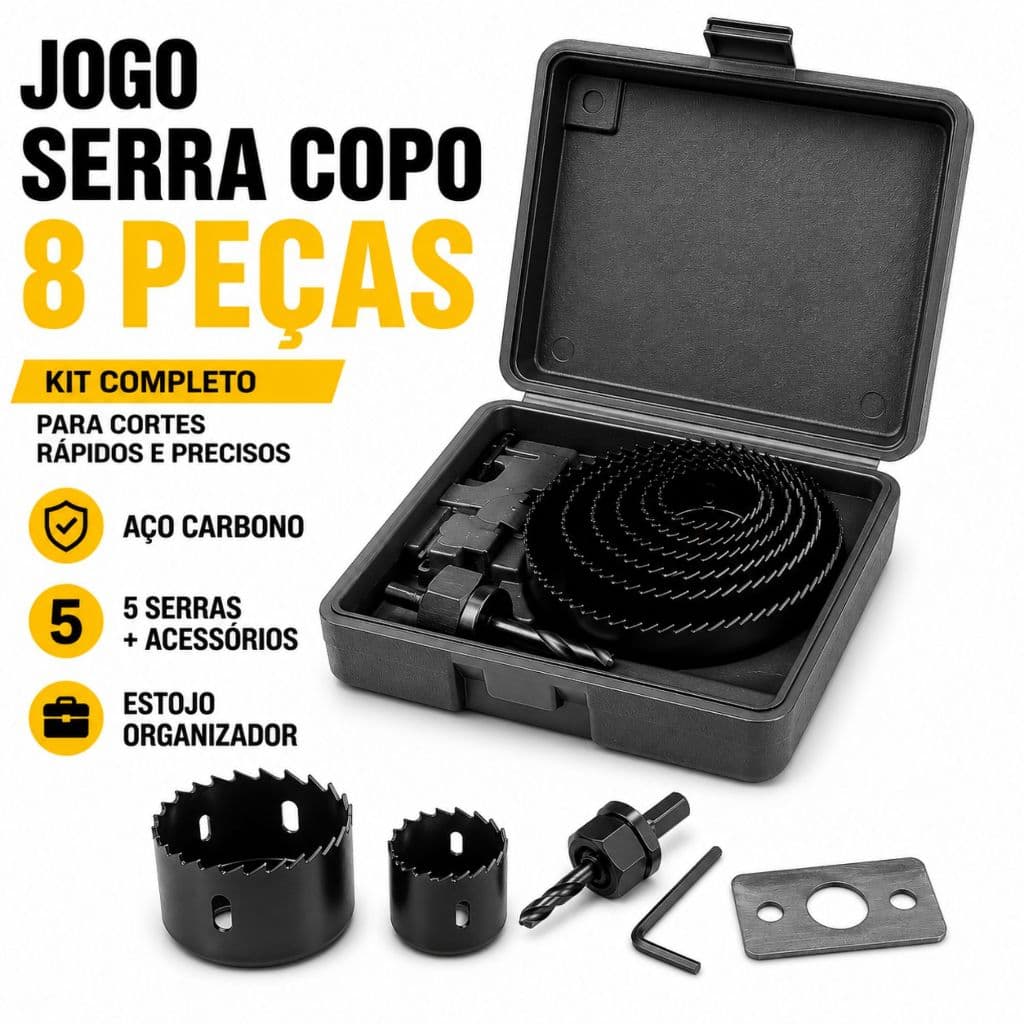 Jogo Kit Serra Copo Com 8 Peças Com Mandril Chave Allen Aço Carbono Resistente Profissional