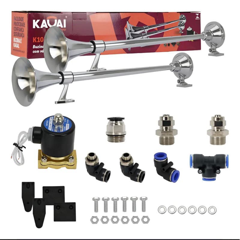 Kit Buzina Marítima Kauai Ar 74cm Metal Cromada Caminhão 12v / 24v com válvula e kit conexão 12mm