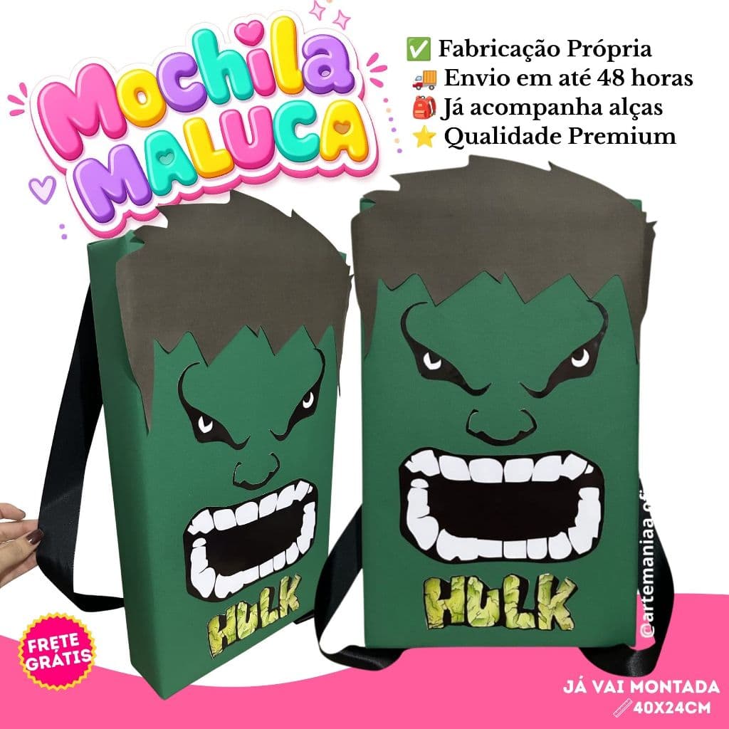 Mochila Maluca Hulk  Infantil 40x24 | Já Pronta - Envio 48 horas