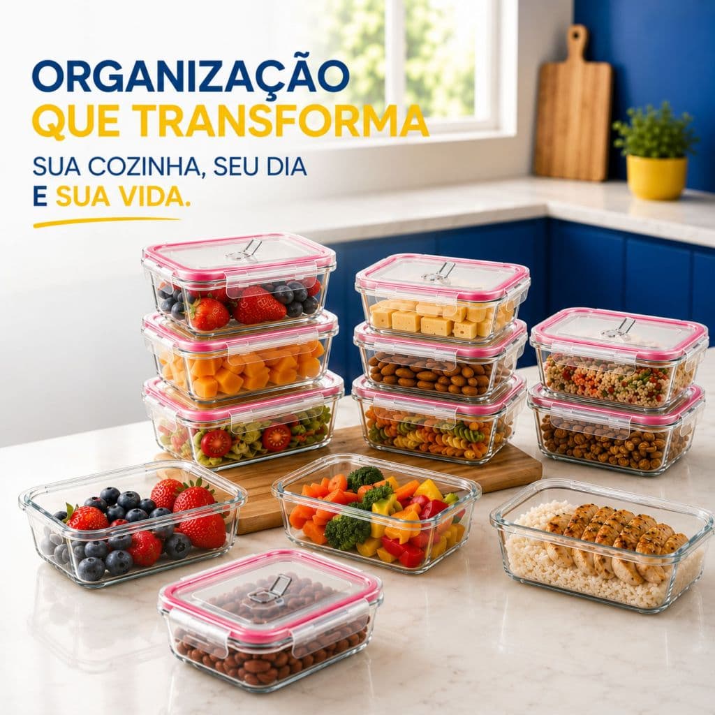 Potes de Vidro Herméticos Borossilicato com Tampa e Válvula de Respiro 4 Travas Freezer Micro-ondas