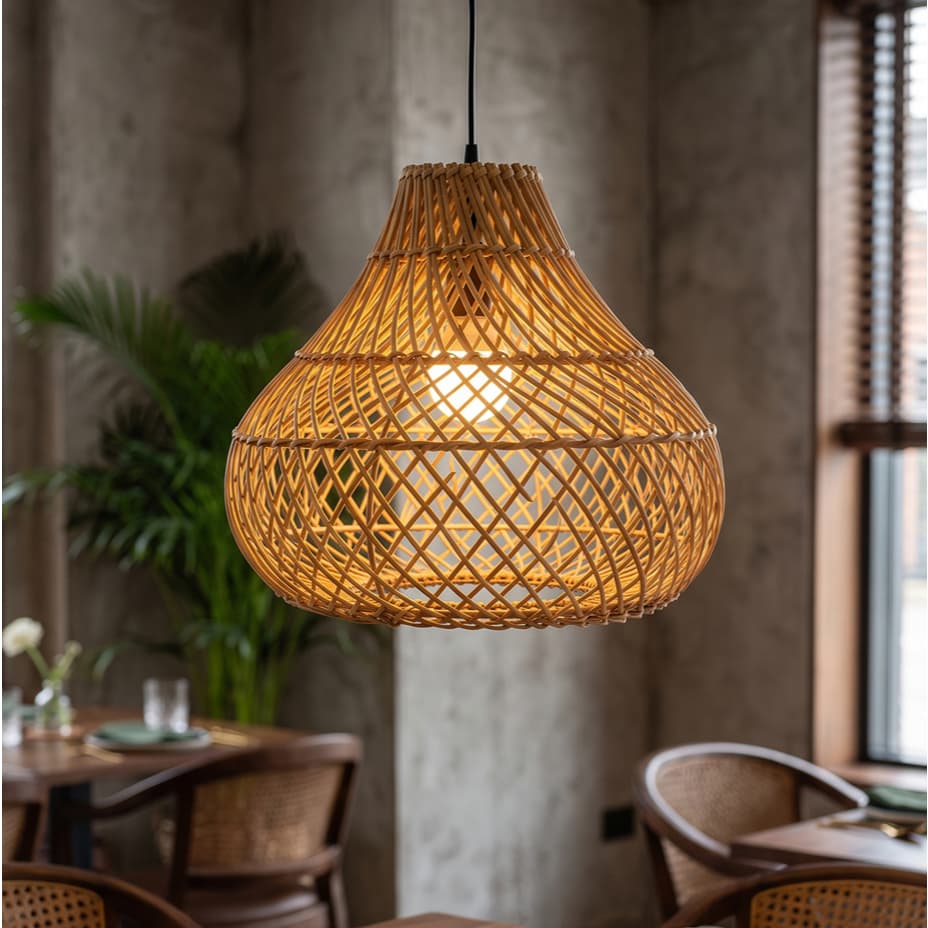 Pendente De Bambu Trançado Rattan 30cm Artesanal Sala Palha Orgânico Led