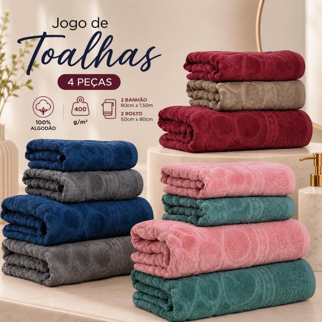Kit Jogo De Toalhas Banhão Gigante Rosto 100% Algodão 4Pçs Aveludada Felpuda Super Absorvente Florença