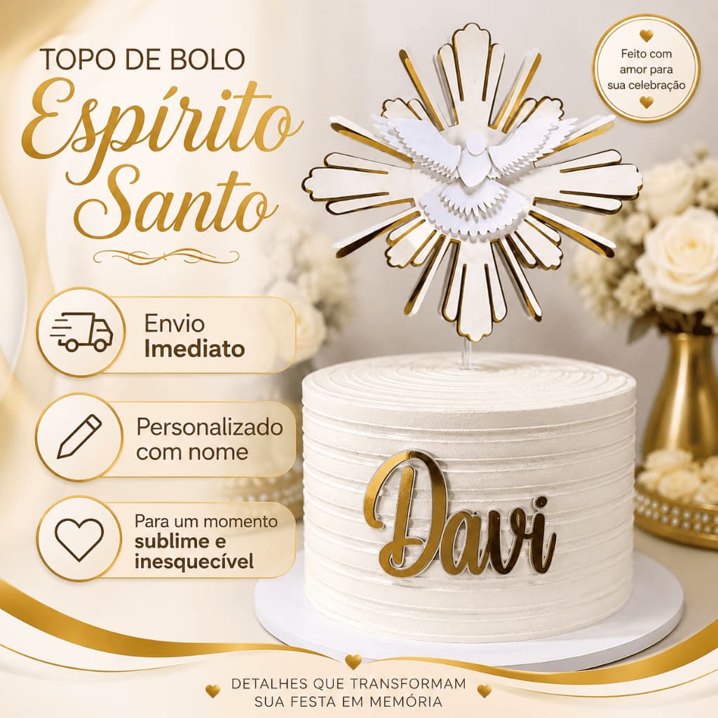 Topo/Topper de bolo personalizado com Divino Espírito Santo: Batizado/Primeira Comunhão/Crisma. Topo Premium