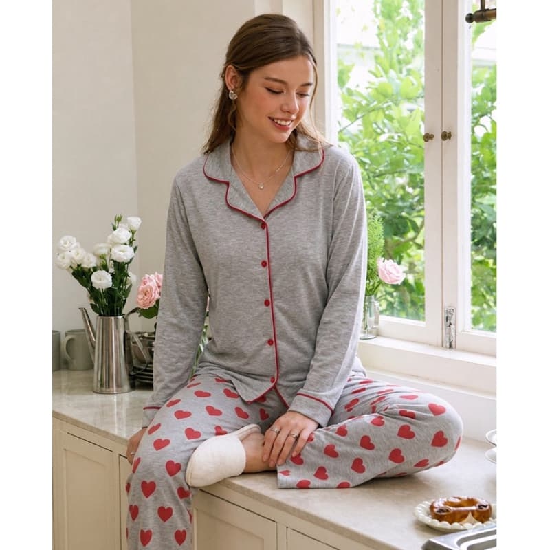 Pijama Feminino Longo Estampado Coração Bloguerinha Americano inverno Gestante amamentação Malha PV