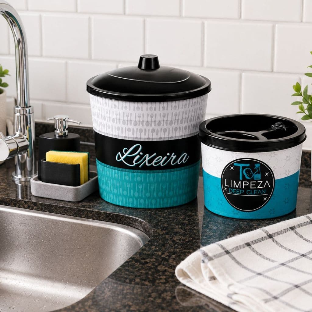 Conjunto  Pia 2 Peças Lixeira +Porta Detergente Organizador Pia Resistente