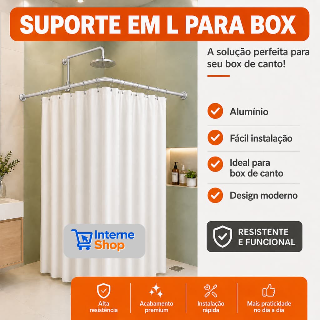 Suporte aluminio para porta cortina de Box de banheiro - DIVERSOS TAMANHOS