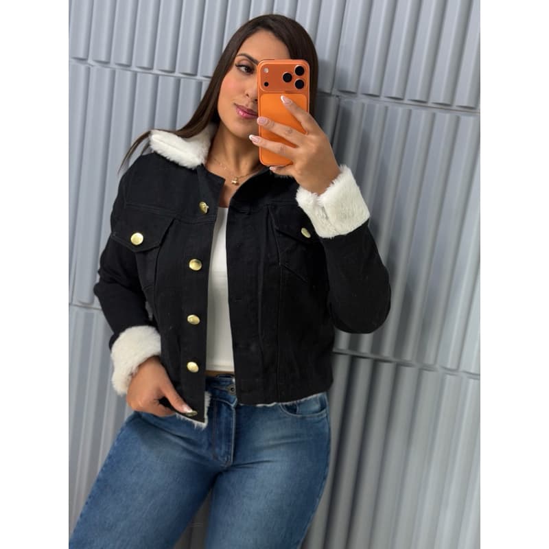 JAQUETA FEMININA JEANS COM PELINHOS