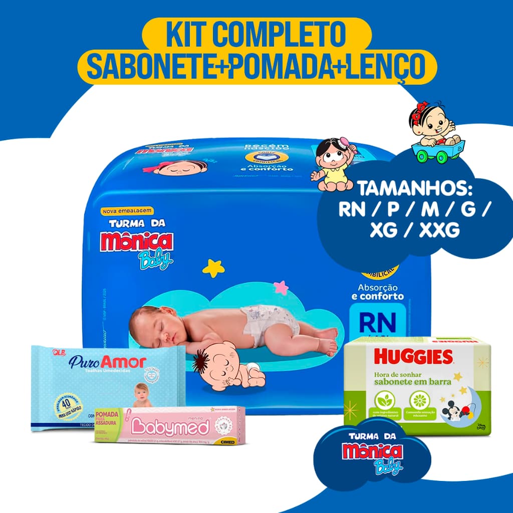 Kit 6 Pacotes De Fralda Descartáveis Turma Da Monica Baby +1 SABONETE +1 LENÇO +1 POMADA DE ASSADURA