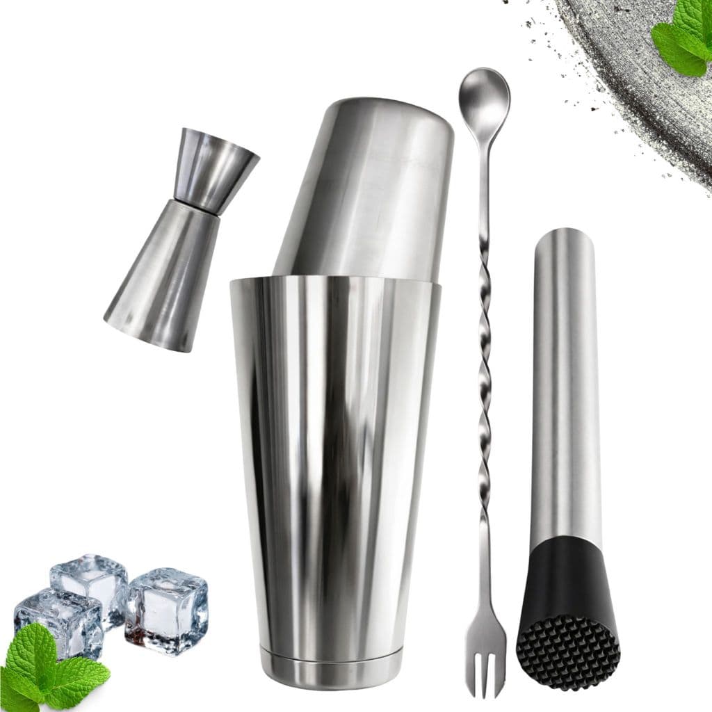 Kit Barman 4 peças inox -  Coqueteleira Boston 750 ml Socador Dosador Colher Profissional Drink bar