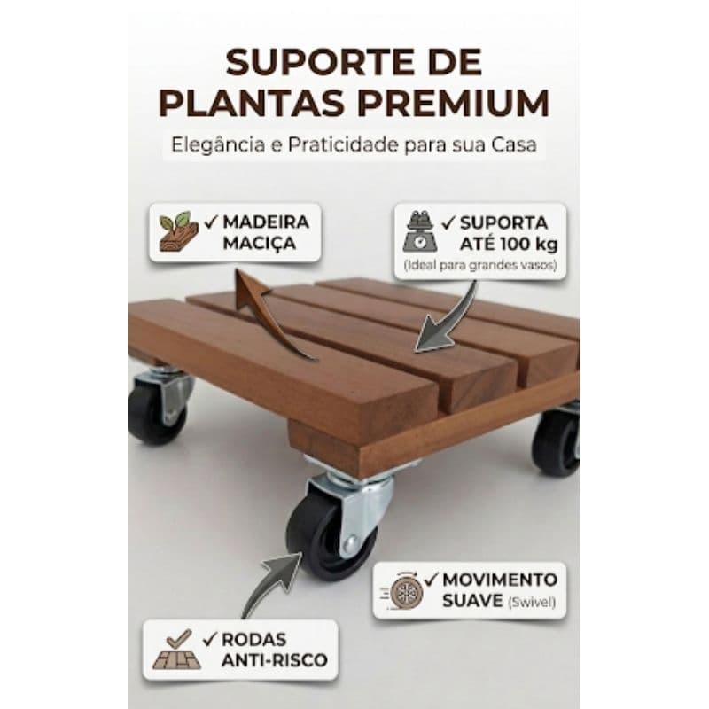 Suporte com Rodinhas para Vaso de Planta em Madeira 21 x 21