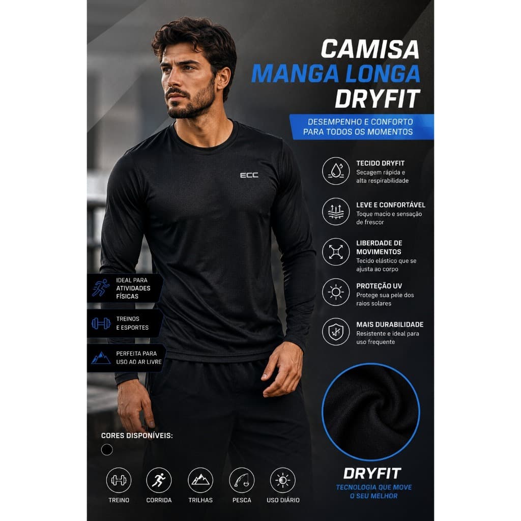 Camisa Manga Longa Dry Fit Masculina