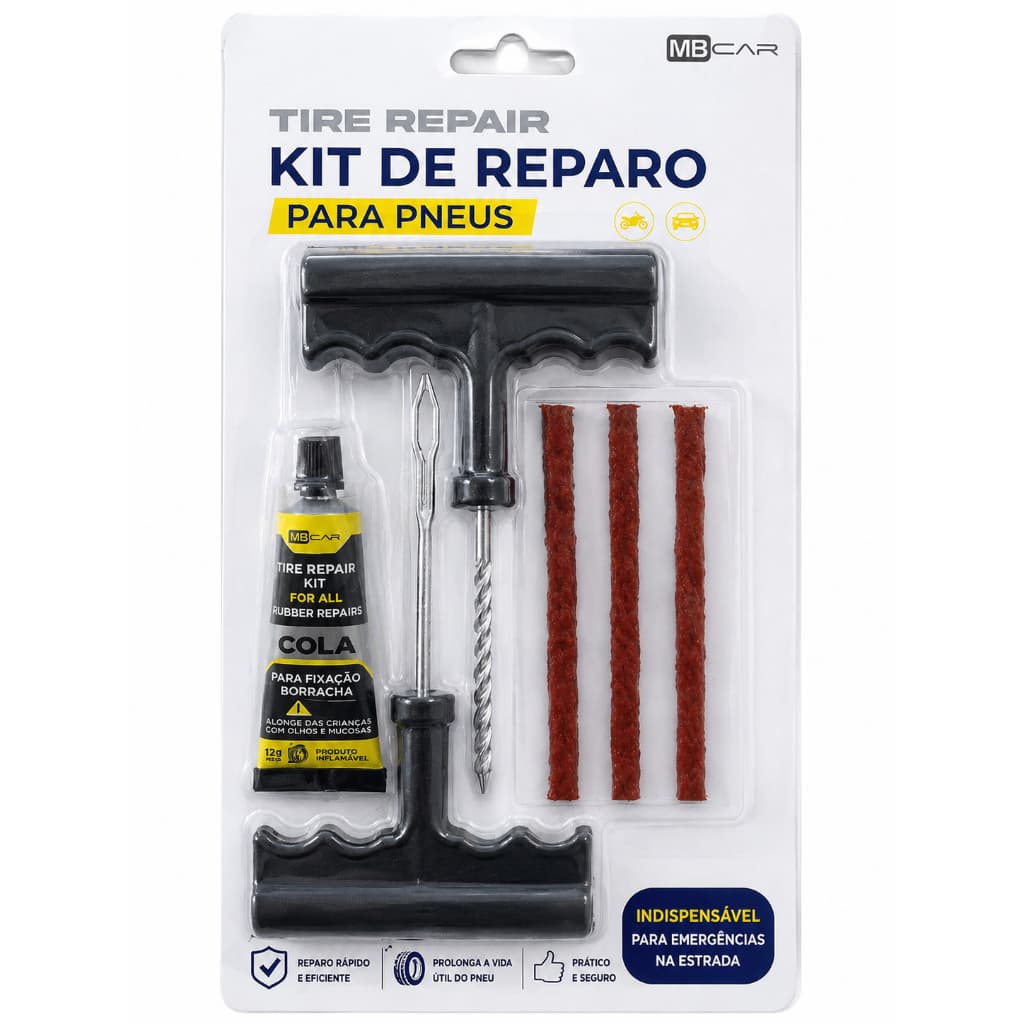 Kit Reparo de Pneu Furado Sem Câmara Emergência Carro Moto Bicicleta
