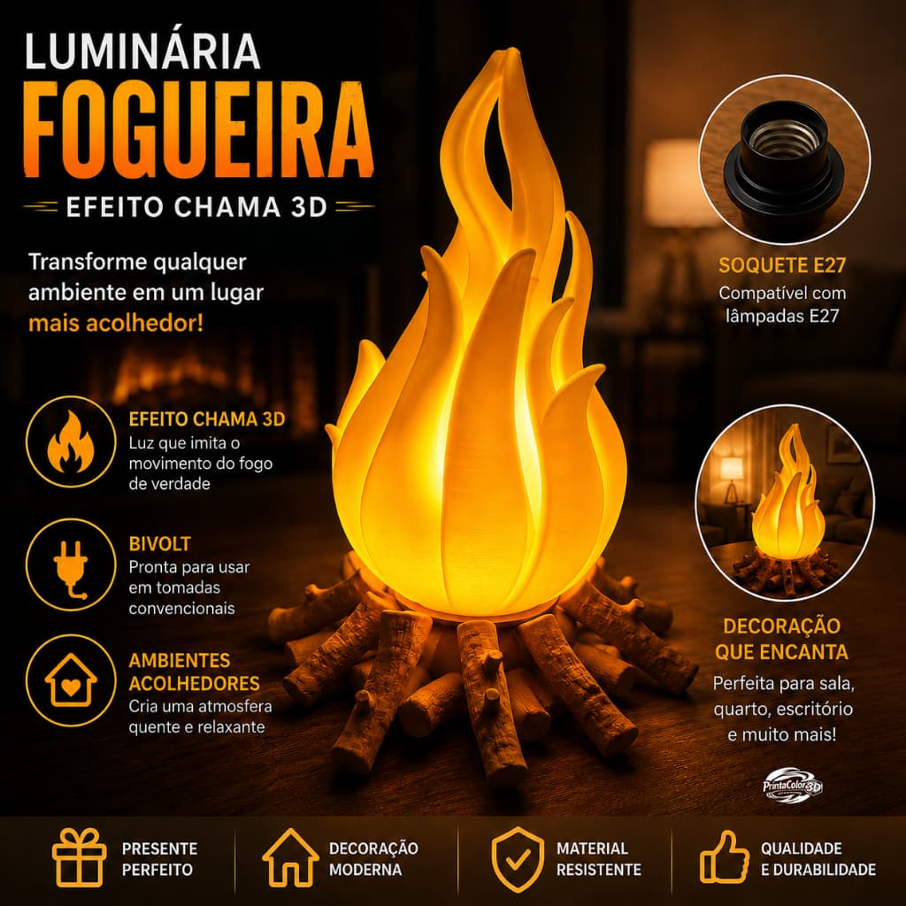 Luminária Fogueira 3D Efeito Fogo Abajur LED Chama Realista Decorativo Quarto Sala