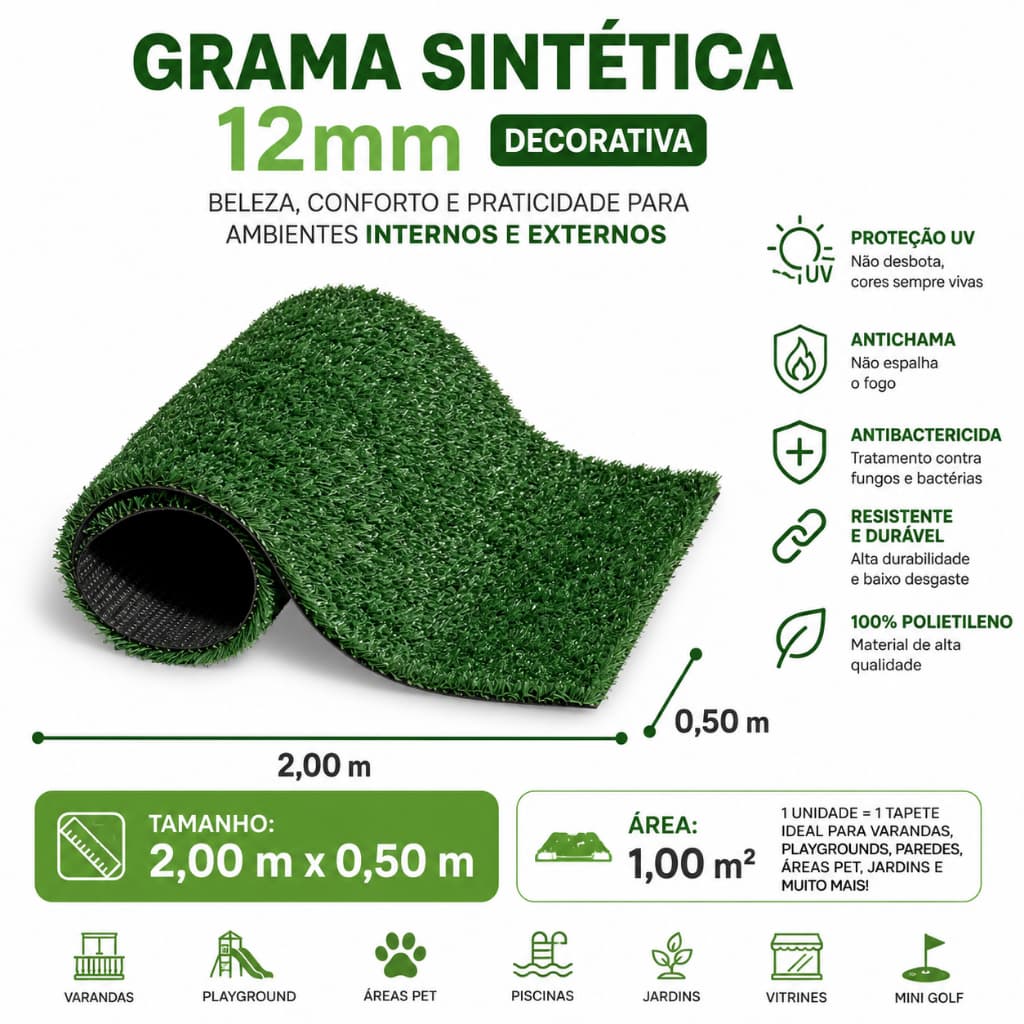 Grama Sintética decorativa artificial verde 12mm (2m x 0,50m)- 1 metro quadrado, largura de 2 metros