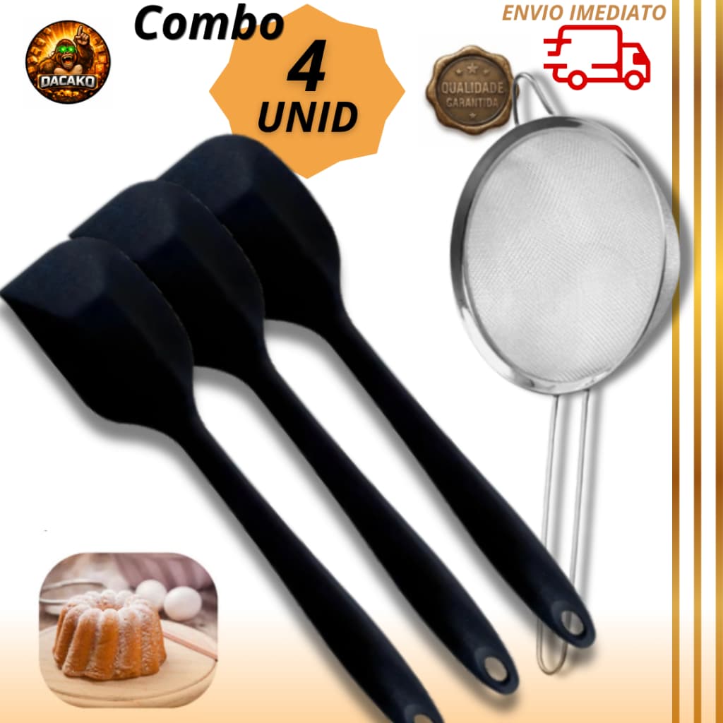Combo Espátulas Reta Silicone Pão Duro, Peneira18cm Inox Cozinha Bolo Massa Confeitaria Antiaderente