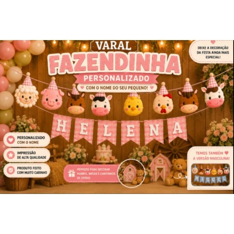 Varal Personalizado Fazendinha Menina com Nome | Bandeirola Decorativa para Festa Infantil Fazenda Rosa