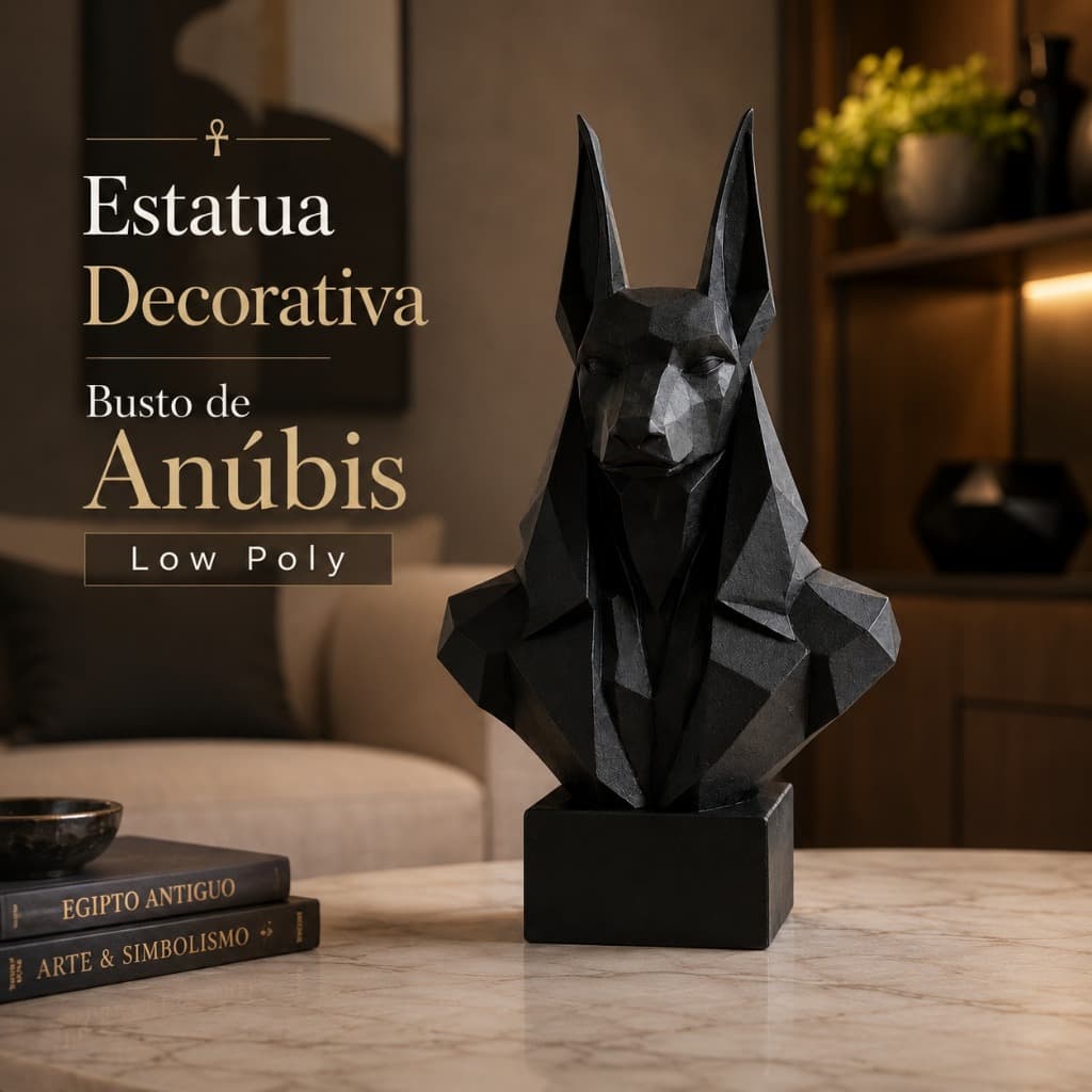 Estátua Decorativa Busto de Anúbis Low Poly | Escultura Egípcia Moderna para Sala, Escritório, Home Office e Decoração
