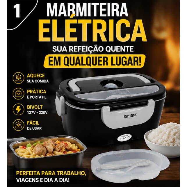 Marmita Elétrica Térmica Preta 110V 220V Marmiteira Aquece Refeição Trabalho Oferta