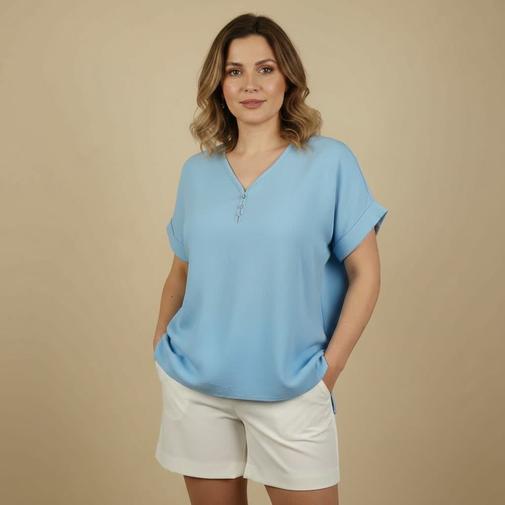 Blusa Feminina Lisa Decote V Manga Curta Soltinha Casual Básica Elegante Moda Feminina