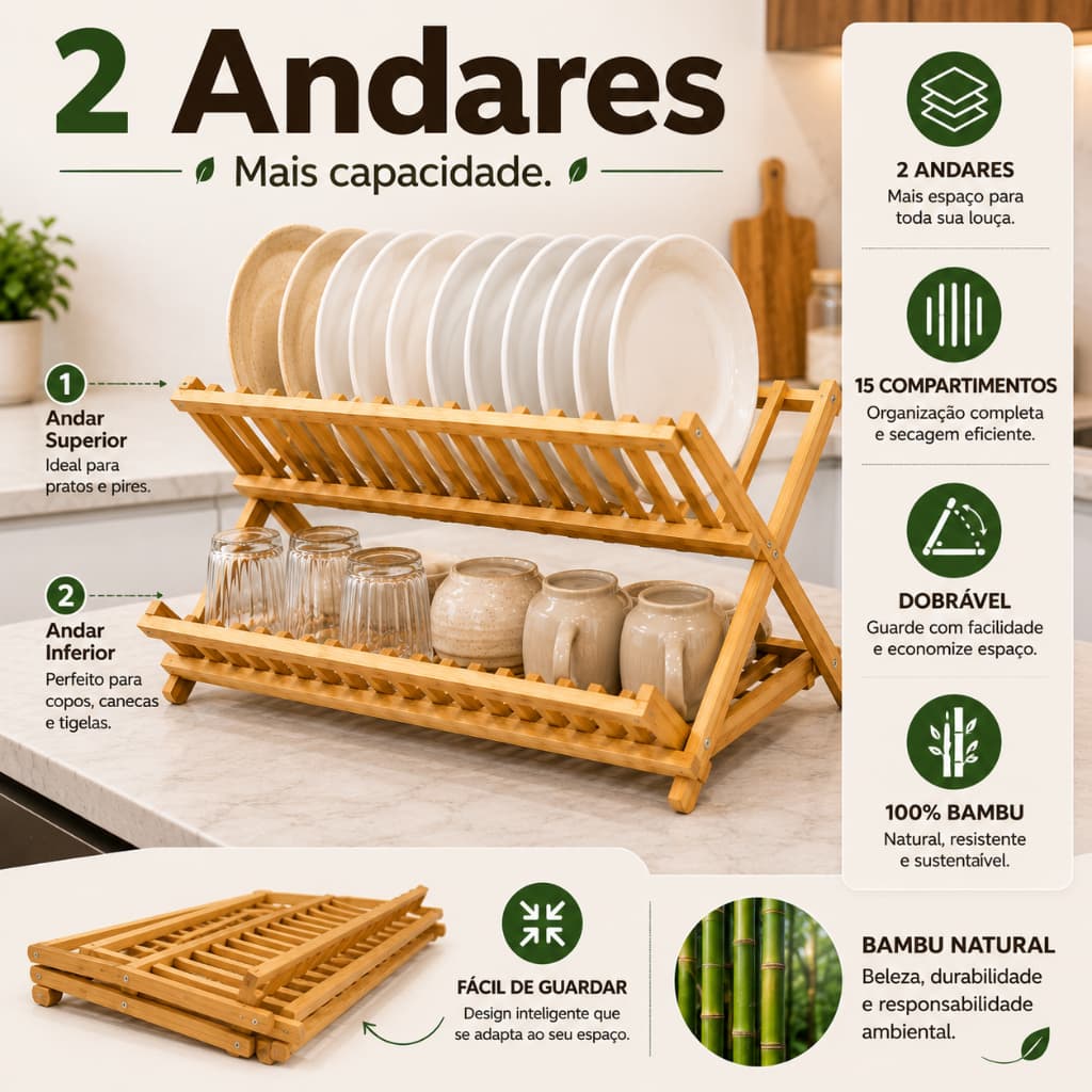 Escorredor de Louças Dobrável 2 Andares Bambu Natural Porta Pratos Copos