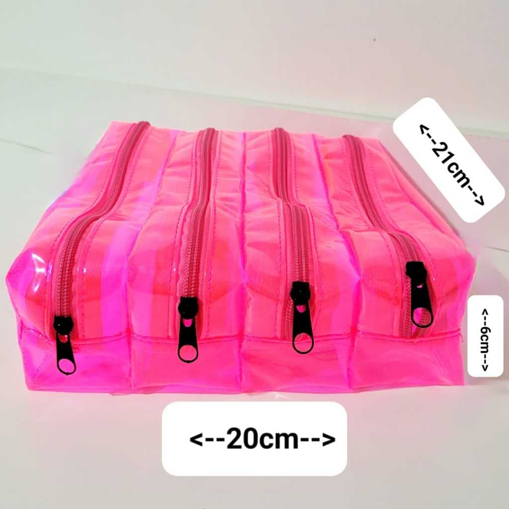ESTOJO TRANSPARENTE CRISTAL ROSA NEON COM 4 REPARTIÇÕES ESCOLAR LAPÍS E OUTROS