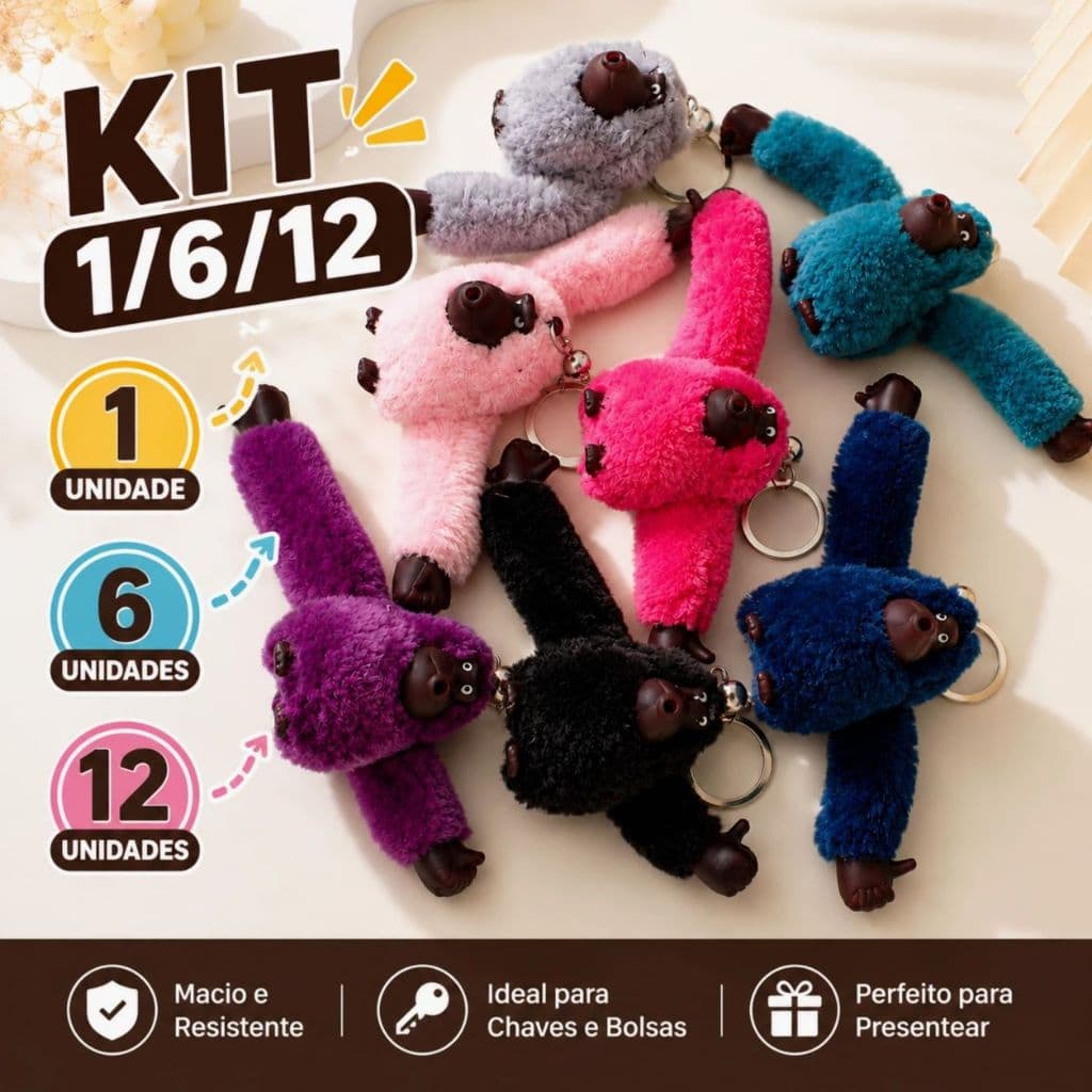 Kit 1/6/12 Chaveiro Pingente Macaco Fofo para Chaves Mochila Bolsa Presente Infantil Cor sortida