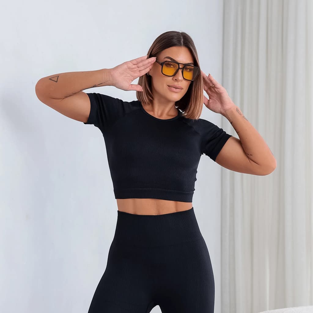 Conjunto Fitness Feminino Power Fit Manguinha Legging Cintura Alta Top Academia