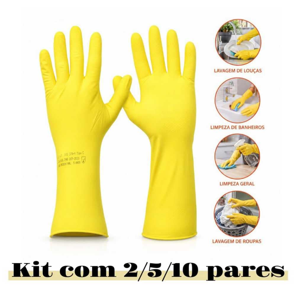Luva látex amarela flocada multiuso proteção mãos limpeza faxina EPI Jardinagem 2 5 10 pares