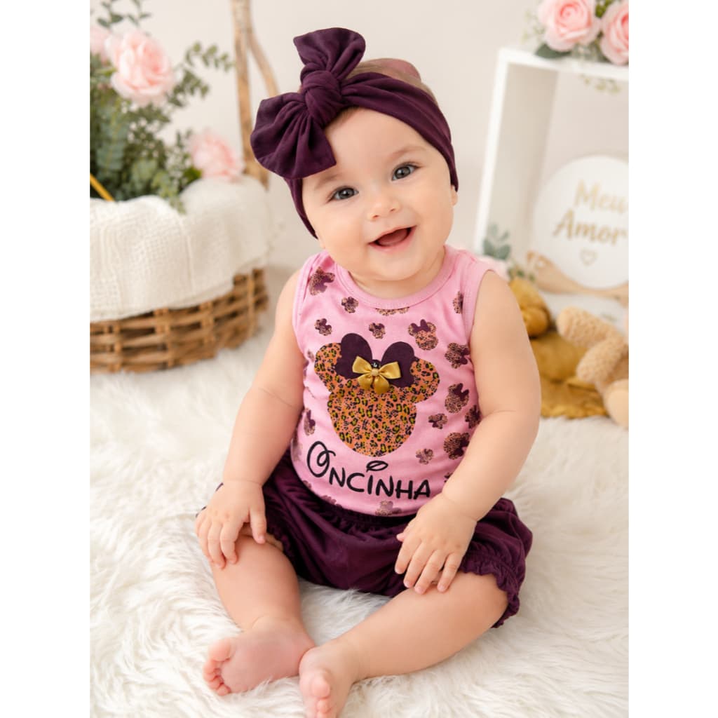 Kit body para bebê com short e faixa turbante Minie oncinha Princesa 0 a 6 meses