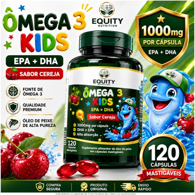 Ômega 3 Kids EPA DHA 1000mg 120 Cápsulas Mastigáveis Sabor Cereja Equity Nutrition Infantil