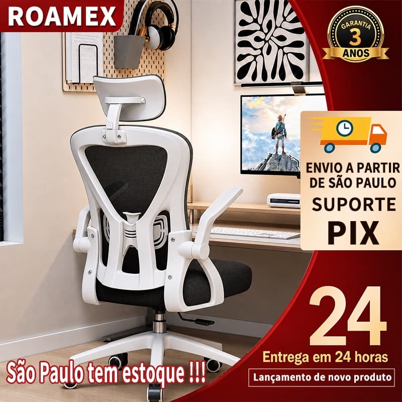 Cadeira de Escritório Ergonômica com Apoio de Cabeça Encosto em Tela Braços Rebatíveis Altura Ajustável e Rodinhas