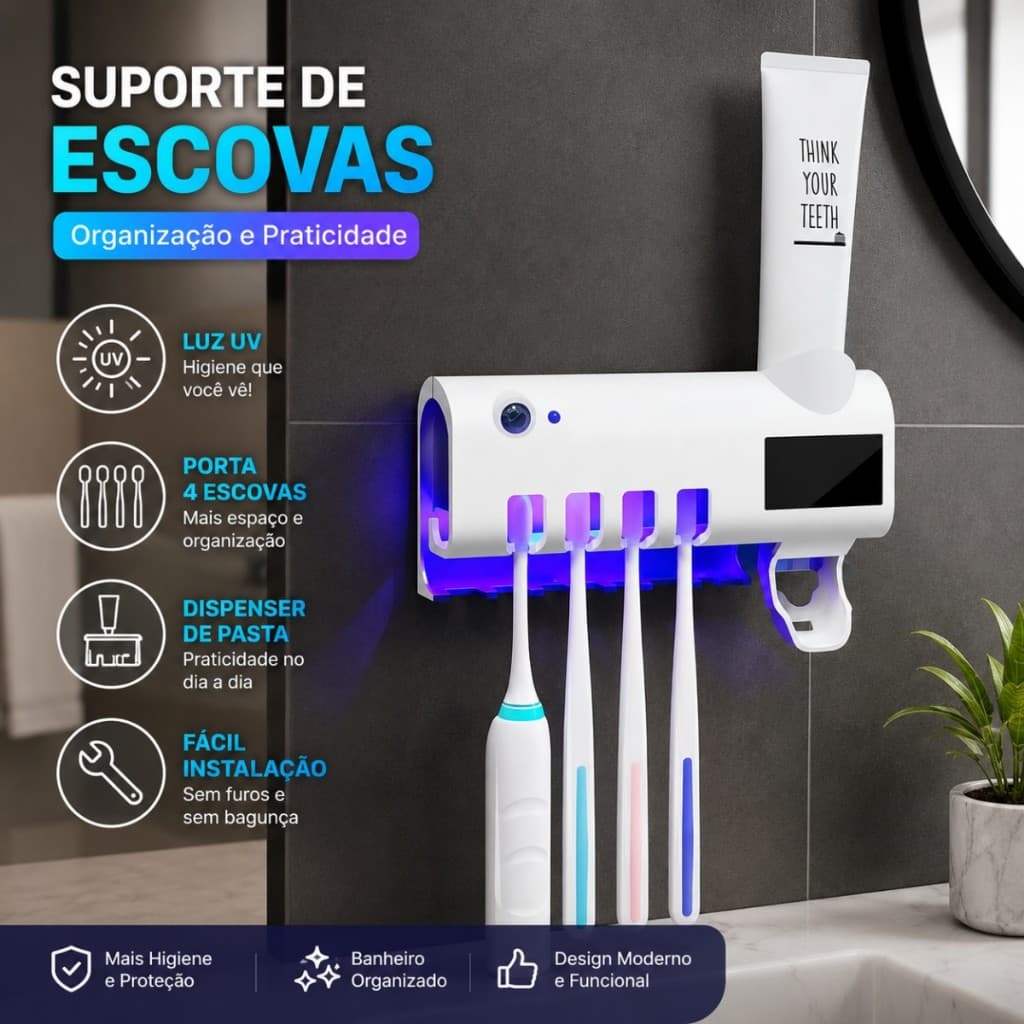 Suporte Porta Escova de Dente com Luz UV e Dispenser de Pasta Dental Organizador de Banheiro Parede