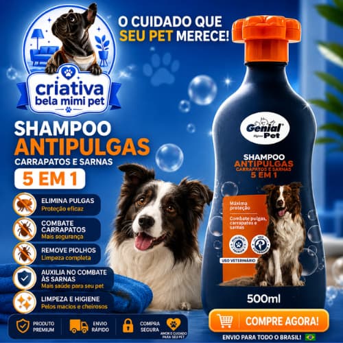 Shampoo Antipulgas 5 em 1 Carrapatos e Sarnas Genial Pet 500 ml