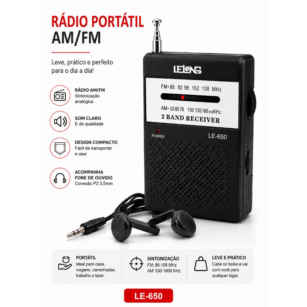 Mini Rádio Portátil De Bolso AM/FM + Fone de Ouvido Pilhas Inclusas