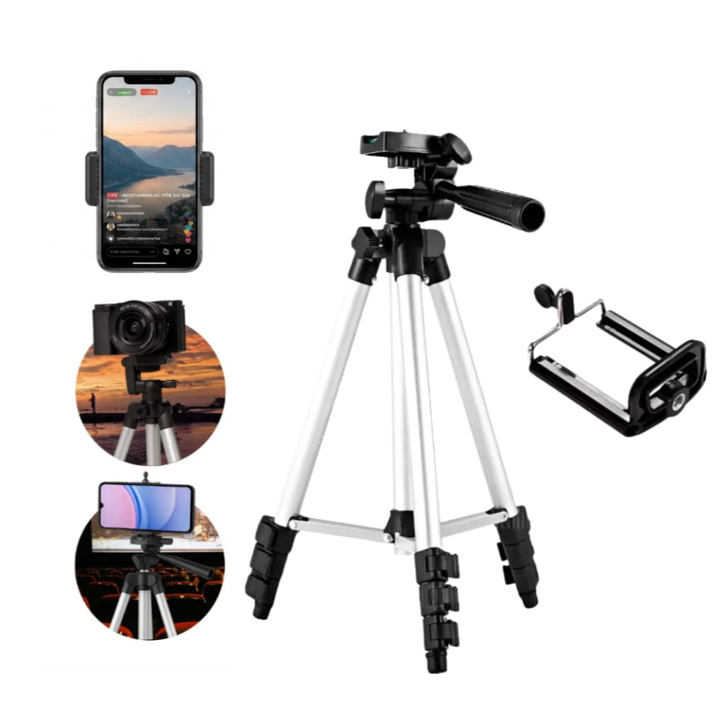Tripé Profissional para Celular e Câmera 150cm, Suporte para Smartphone, Rotação 360°, Cabeça Ajustável 180°
